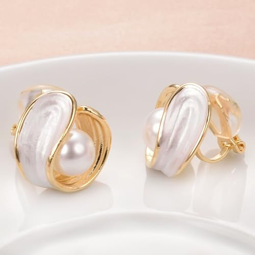 Yoursfs Large Clip On Pearl Earrings for Women Faux Ivory Pearl Earrings 18K Gold Plated Earring Wedding Jewelry - style: Gold-plated white pearl clip earrings