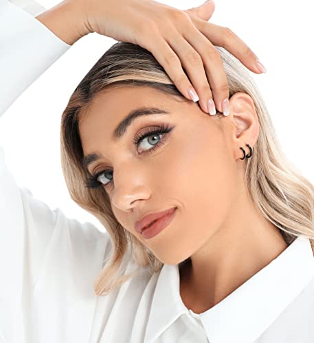 3 Pairs 925 Sterling Silver Hoop Earrings 14K White Gold Plated Small Silver Hoops Cartilage Huggie Earrings for Women Men - color: D-Black 8/10/12mm
