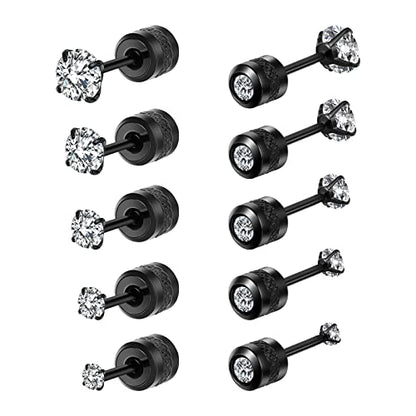 5 Pairs Titanium Screw Back Stud Earrings Set for Sensitive Ears, Hypoallergenic Surgical Stainless Steel Double Sided Round Cubic Zirconia Earrings for Women Men - color: 5pcs black stud set
