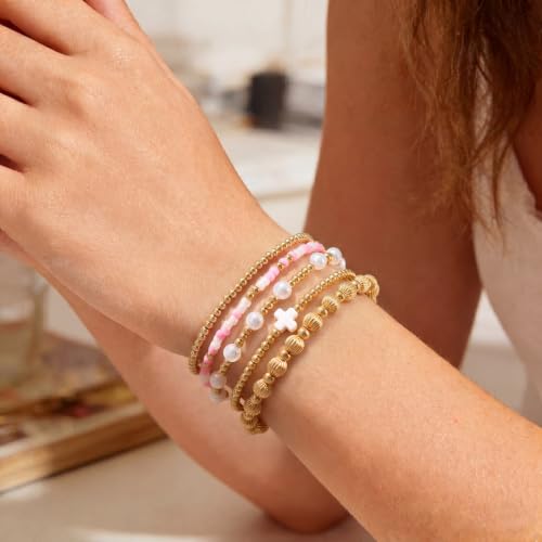 Dainty Gold Plated Pearl Crystal Beaded Bracelets Set for Women 14K Gold Plated Bead Pearl Beads Bracelet Stackable Paperclip Link Chain Bracelets Gold Plated Bracelets for Women Trendy Jewelry - color: Style4-gold bracelets set3
