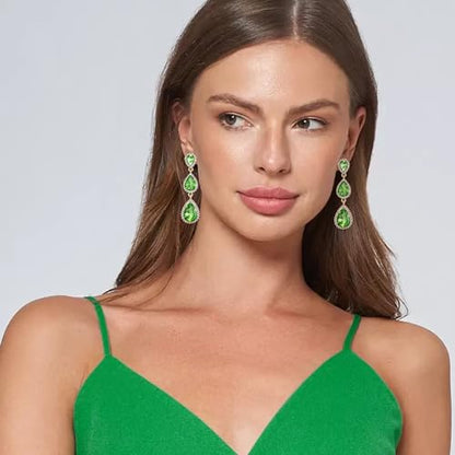 EleQueen Women's Crystal Teardrop Pear Shape 2.5 Inch Long Earrings | Dangle Earrings for Women, TearDrop Crystals Earrings for Bride Bridesmaid, Prom Jewelry for Wedding - color: Light Green Gold-Tone