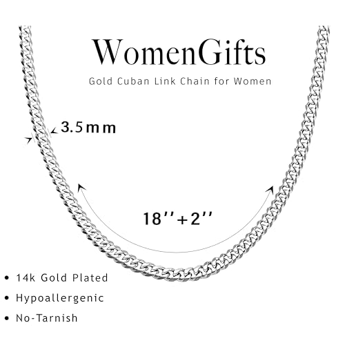 WomenGifts Cuban Link Chain Necklace for Women, Waterproof 14k Gold Silver Plated Chain Choker, Non Tarnish Stainless Steel Jewelry, 3.5/5/6/8/11mm,14/16/18 Inch Thin&Chunky&Thick - color: Silver, style: 3.5MM-18"