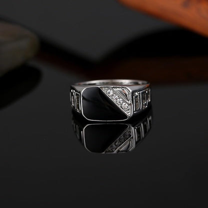 Men's Geometric Black Onyx Ring,Men's Square Ring 925 Sterling Silver /14K Gold Resin Inlay Cubic Zirconia Fashion Statement Ring for Men Fashion Statement Jewelry(Silver，Size 7) - color: Silver, size: Size 7