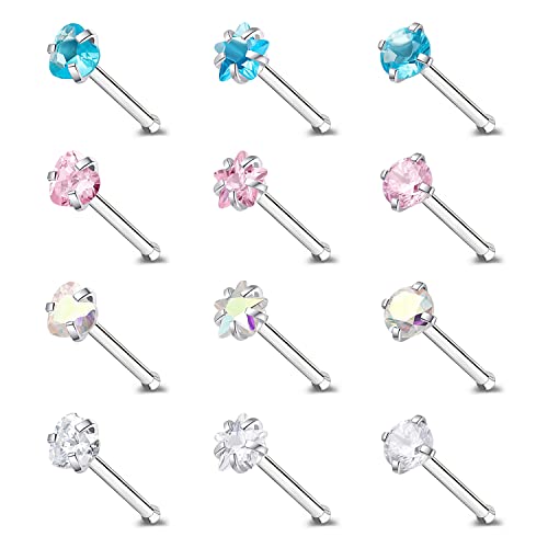 ZS 20G Nose Stud Rings Set, Stainless Steel CZ Nose Piercing Jewelry | Hypoallergenic Nose Bone Rings, L Shaped & Screw Nose Studs, 3mm CZ Stone Nostril Jewelry for Women Men - color: 12pcs Nose Bone Style