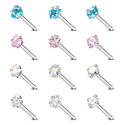 ZS 20G Nose Stud Rings Set, Stainless Steel CZ Nose Piercing Jewelry | Hypoallergenic Nose Bone Rings, L Shaped & Screw Nose Studs, 3mm CZ Stone Nostril Jewelry for Women Men - color: 12pcs Nose Bone Style
