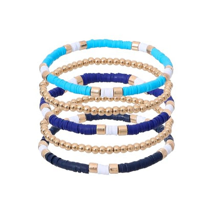 GOOJIDS Surfer Heishi Clay Bead Bracelets for Women Bohemian Stackable Gold Plated Beaded Stretch Bracelets Elastic Layering Friendship Bracelets Set Boho Jewelry - color: B-Blue Surfer Color & Gold Bead