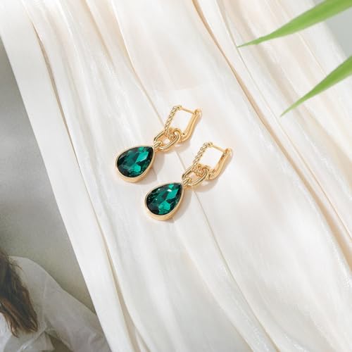 Crystals Teardrop Dangle Drop Earrings, 18K Gold Plated Hoop Earrings Zirconia Jewelry for Women Gifts - color: Green-Long