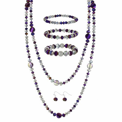 Trendy Infinity Wrap 60’’ Long Statement Necklace, Earrings and Bracelet Set - Hand Knotted Versatile Crystal and Shell Beads Strand Necklace and Chunky Beaded Stretch Bracelet Stack – Jewelry Set Gift for Women - color: Sparkly Purple/Crystal Purple Mix