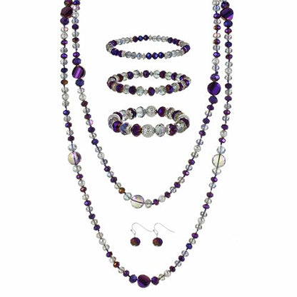 Trendy Infinity Wrap 60’’ Long Statement Necklace, Earrings and Bracelet Set - Hand Knotted Versatile Crystal and Shell Beads Strand Necklace and Chunky Beaded Stretch Bracelet Stack – Jewelry Set Gift for Women - color: Sparkly Purple/Crystal Purple Mix
