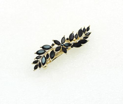 Faship Gorgeous Black Rhinestone Crystal Small Floral Hair Barrette Clip - color: Black / 14K gold plated