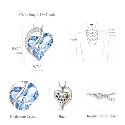 Crystal Heart Necklace for Women - Quietrose Faceted Crystal Heart Pendant with Sparkle Accents, Silver-Tone Curved Frame, 0.85" x 0.73", 18+2" Adjustable Chain, Elegant Gift for Her - color: Sky Blue - Sea Whisper