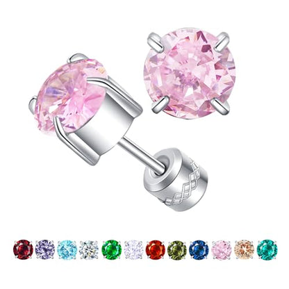 Titanium Flat Back Surgical Stainless Steel Stud Earrings for Women Men,Birthstone Stud Earrings Hypoallergenic Double Side 5A Cubic Zirconia Studs Jewelry 6mm - color: October (Tourmaline)