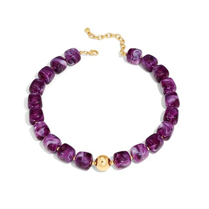 Chunky Beaded Necklace for Women Boho Statement Bead Necklace Adjustable Choker with Polished Disc/Square Beads Trendy Summer Beach Jewelry Gifts - color: Purple