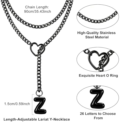Black Heart Slip Chain Initial Necklaces for Women, Stainless Steel Wrap Choker Necklace, Gothic O-Ring Adjustable Lariat Y Necklaces, Punk Cuban Collar Choker Necklace, Halloween Jewelry Gift - color: Black Z