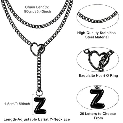 Black Heart Slip Chain Initial Necklaces for Women, Stainless Steel Wrap Choker Necklace, Gothic O-Ring Adjustable Lariat Y Necklaces, Punk Cuban Collar Choker Necklace, Halloween Jewelry Gift - color: Black Z