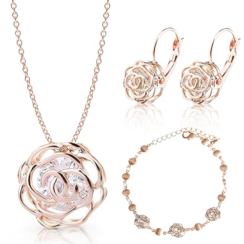 Women 18K Gold Plated White Crystal Roses Flower Set Necklace Earrings Bracelet for Women Wedding Party Bridal Bridesmaid Accessories - color: Rose gold