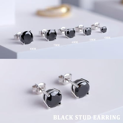 Sparkling 925 Sterling Silver Round Cut 5A+ Cubic Zirconia CZ Stud Earrings Hypoallergenic Earrings for Women/Men 4MM-8MM - color: B: Black, size: 6mm