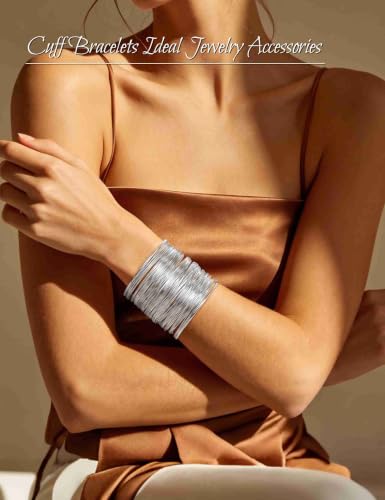 2 Pcs Gold Cuff Bangle Bracelet Set for Women Irregular Minimalist Statement Bangle Bracelets Wide Open Chunky Wire Bracelets Wrist Cuff Adjustable Hammered Bracelet - color: Silver D