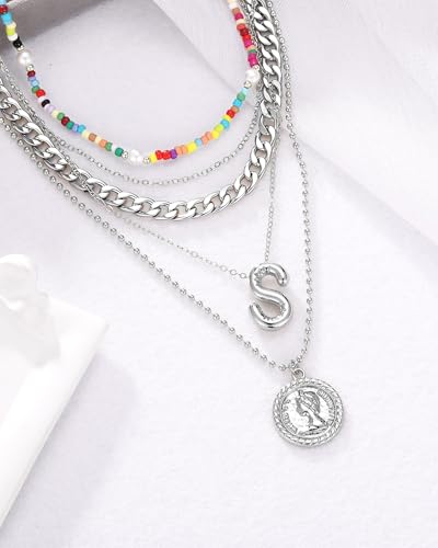 MJartoria Layered Necklaces for Women Trendy Balloon Initial Pendant Necklace Dainty Chunky Chain Beaded Choker Necklaces Jewelry Birthday Gifts - color: Silver, style: S