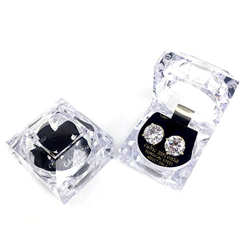 Stainless Steel Round Cut Cubic Zirconia Stud Earrings With Clear Case - Gold, Silver (3mm~12mm) - color: 12mm-Gold