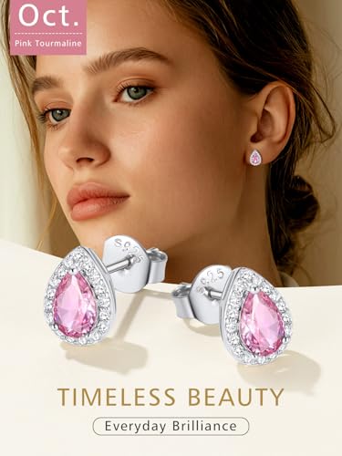 FindChic Birthstone Earrings for Women, Round/Heart/Square/Teardrop Earrings with 925 Sterling Silver Posts & Push Backs, Hypoallergenic Studs with Cubic Zirconia, 12 Months Jewelry with Gift Box - style: 10. October-Pink Tourmaline (Teardrop)