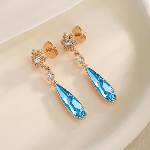 Austrian Crystal Teardrop Earrings Flower Dangle Earrings for Women 14K Gold Plated Drop Stud Earrings Hypoallergenic Jewelry - color: Aquamarine