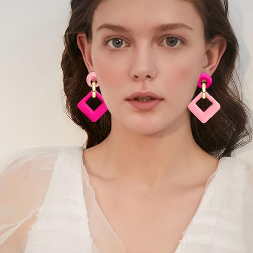 70s 80s Vintage Resin Neon Square Dangle Drop Earrings Simplicity Acrylic Hollow Round Circle Geometry Stud Earrings for Women - style: Pink Rose Red