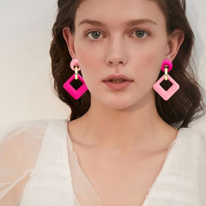 70s 80s Vintage Resin Neon Square Dangle Drop Earrings Simplicity Acrylic Hollow Round Circle Geometry Stud Earrings for Women - style: Pink Rose Red