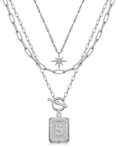 MJartoria Layered Initial Necklaces for Women | 14K Gold Plated Brass, Star Choker, Square Letter Pendant, Paperclip Chain - color: Silver, style: S