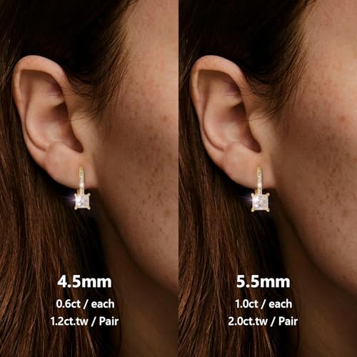 KRKC Moissanite Earrings, 1.0ct-2.0ct D Color Lab Created Diamond Earring, 14k White Gold Plated Sterling Silver Dangle Earrings S925 Leverback Drop Earring for Women Hypoallergenic Jewelry for Gifts - color: Princess-Gold-4.5mm