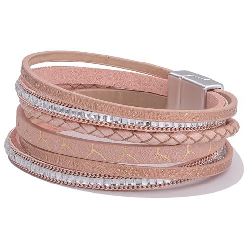 Boho Layered Leather Wrap Bracelets Chunky Western Country Hippie Jewelry | Stackable Bohemian Cowgirl Magnetic Clasp Cuff Bangle Set Fashion Stack Statement Festival Trendy Jewelry Gifts for Women - color: Rose Gold