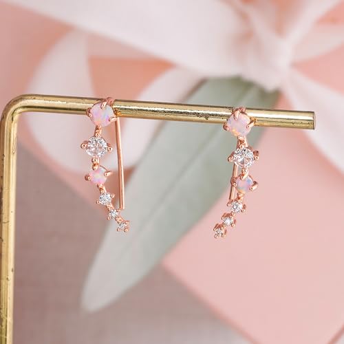 CiNily Star Opal Ear Cuffs Climber Earrings, 14K Gold CZ Ear Crawler Earrings for Women Small Cartilage Stud Earrings Fashion Hypoallergenic Jewelry Christmas Day Gifts, White Gold, Rose Gold - color: Rose Gold-Pink Opal, size: Round Opal