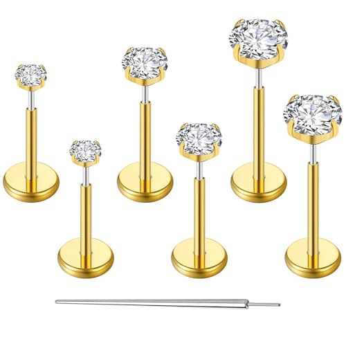Gotumo 20G Flat Back Earrings Stud G23 Titanium Threadless Tragus Labret Cartilage Lip Medusa Conch Body Piercing Jewelry Hypoallergenic for Women Men - color: Gold 20G Bar-6/7/8mm&CZ-2/3/4mm