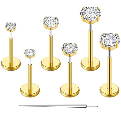 Gotumo 20G Flat Back Earrings Stud G23 Titanium Threadless Tragus Labret Cartilage Lip Medusa Conch Body Piercing Jewelry Hypoallergenic for Women Men - color: Gold 20G Bar-6/7/8mm&CZ-2/3/4mm