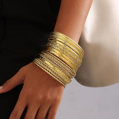 Gold Bangles for Women, 12 Pcs Boho Stackable Bracelets Multi Layer Textured Chunky Bracelets Jewelry Set for Women - color: Style F- 19 pcs gold