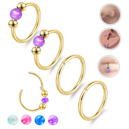 4PCS Nose Rings Opal 18G Nose Hoops 316L Surgical Steel Hypoallergernic Nose Piercings Jewelry for Women Nose Rings Suitable for Septum Rings Cartilage Earring Tragus Earring - color: Gold Purple, size: 4 PCS 18G 10mm*10mm