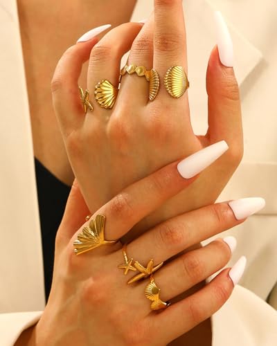 Chunky Gold Shell Starfish Ring Set for Women Trendy Gold Flower Scallop Seashell Starfish Gemstone Rings Adjustable Stacking Statement R-ings Non Tarnish Spring Summer Jewelry Accessories - color: A6:6 pcs
