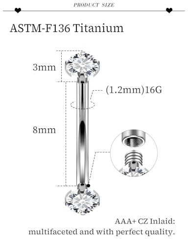 16G Astm F136 Titanium Eyebrow Piercing Jewelry Curved Barbell Eyebrow Ring Vertical Labret Lip Jewelry Daith Rook Earrings Navel Small Belly Button Ring Piercing Jewelry for Women Men CZ - style: 16G, 8MM Length, Clear CZ