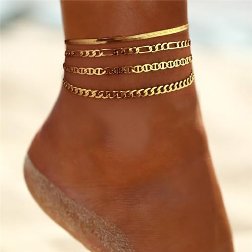 Rotnso Anklets for Women 14K Gold Silver Plated Ankle Bracelets Trendy Waterproof Boho Anklets Set Adjustable Dainty Cute Diamond Beaded Heart Non Tarnish Summer Beach Jewelry Gift - style: 4Pcs Cuban&Mariner-GD
