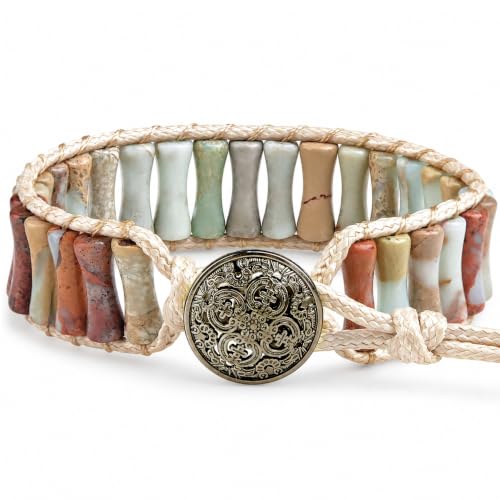 MOINSPIRE Boho Beaded Bracelets for Women - Adjustable Handmade Wrap Bracelet with Tube Natural Stone Beads, Colorful Beaded Strap Bohemian Jewelry Braided for Birthday Gifts - color: Agalmatolite