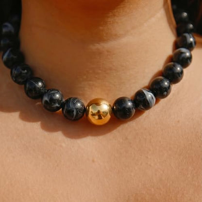 Multicolor Chunky Beaded Necklace, Statement Colorful Round Ball Beads Choker Necklace with Gold-Tone Adjustable Chain, Fashion Bold Neck Jewelry for Women - color: 16mm-Black