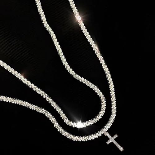 Minimal Double Layer Chain Necklace in Gold or Silver Tone, Lightweight Collar Chain for Everyday Layering - color: Silver, style: Cross Pendant