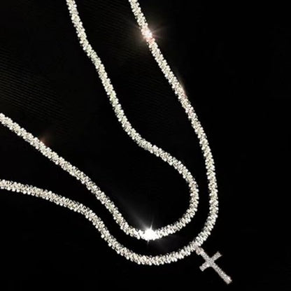 Minimal Double Layer Chain Necklace in Gold or Silver Tone, Lightweight Collar Chain for Everyday Layering - color: Silver, style: Cross Pendant