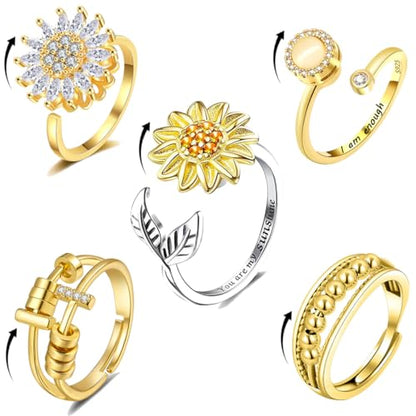Fidget Rings for Anxiety, Womens Focus Spinner Ring, Discreet Boredom Relieving Ring Stacking Finger Promise Engagement Gift - color: Spinner Ring 5 pcs