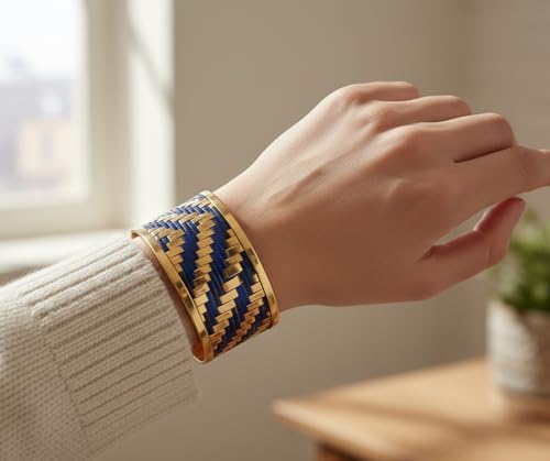 Touchstone Indian Bollywood Desire Brass Base Exotic Workmanship Free Size Cuff Bracelet in Antique Gold Or White Or Copper Tone for Women. - style: D202 Gold & Blue