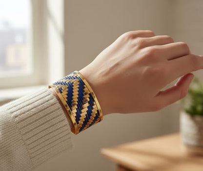 Touchstone Indian Bollywood Desire Brass Base Exotic Workmanship Free Size Cuff Bracelet in Antique Gold Or White Or Copper Tone for Women. - style: D202 Gold & Blue