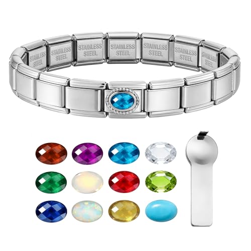 GEMOSA Birthstone Italian Charm Bracelet - 18 Links 9mm x 10mm Stainless Steel Base Bracelet with Birthstone Charm & Link Opener Tool, Polished Silver Finish Jewelry Gift Box Set for Women - color: 03-Mar-Aquamarine