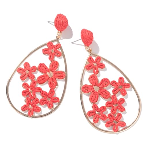 Boho Raffia Flower Teardrop Earrings Cute Colorful Dangle Trendy Jewelry | Floral Drop Statement Big Dangling Earring Hypoallergenic Gold Fun Unique Summer Spring Beach Vacation Outfits for Women - color: Red
