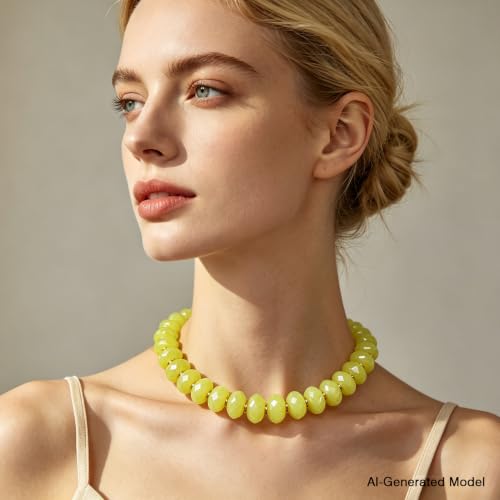 Colorful Chunky Acrylic Beaded Choker Necklaces for Women | Multicolor Faceted Beads, Sturdy Metal Chain, Adjustable Detachable, Lightweight, Summer Boho, Sparkly Statement Jewelry Gift - color: Light Yellow