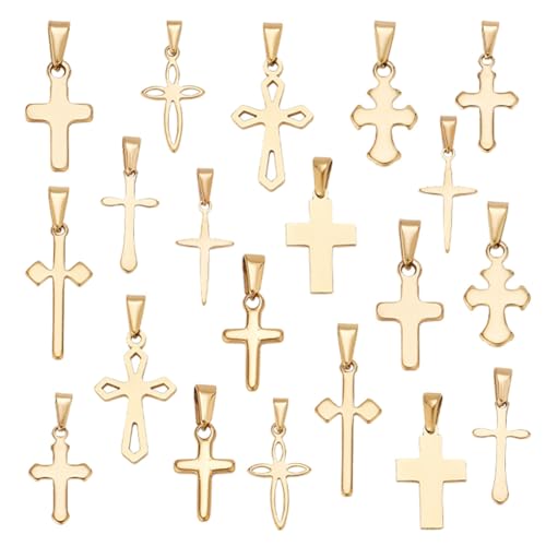 PH PandaHall 20pcs Golden Cross Charm Pendants, 10 Styles Stainless Steel Crucifix Charm Mini Cross Pendants for Easter Jewelry Making Necklace Bracelet Choker Thanksgiving